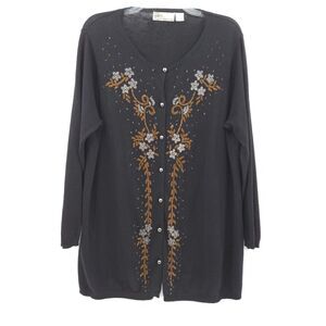 Vintage Storybook Knits Cardigan Womens 2X Black Excellent Beaded Floral Sweater